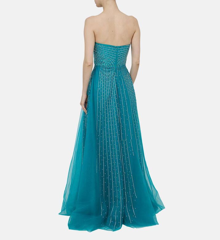 Turquoise Rhinestone Embellished Long Dress