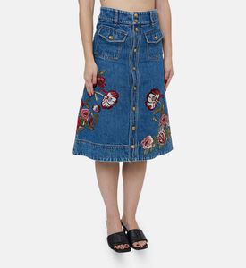 Alice and Olivia Floral-embroidery Denim Midi Skirt, Model View