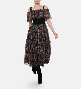 Blue For Burgundy Floral-print Ruffled A-line Dress, Model View