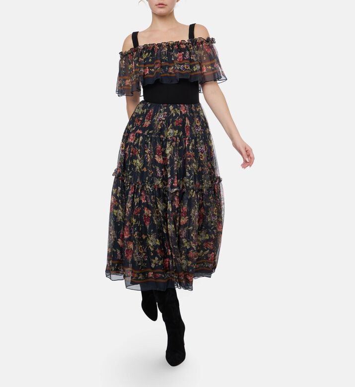 Blue For Burgundy Floral-print Ruffled A-line Dress, Model View