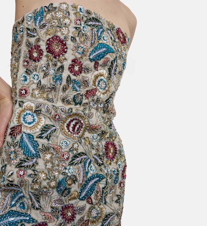 Alice and Olivia Embroidered Sequins Strapless Mini Dress, Model View Alice and Olivia Embroidered Sequins Strapless Mini Dress, Model View