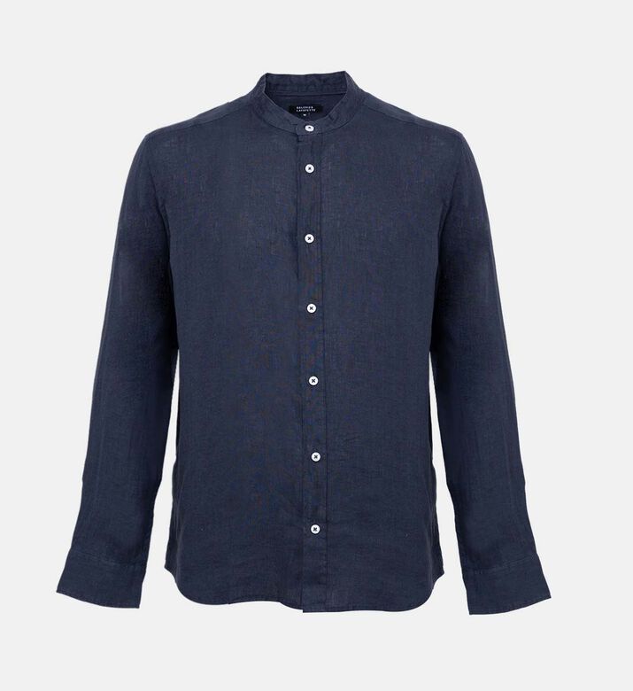 قميص كتان بياقة عالية بصف أزرار