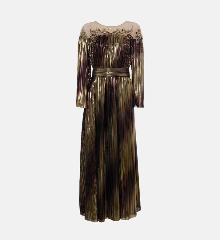 Metallic Pleated Long-sleeve Maxi Dress