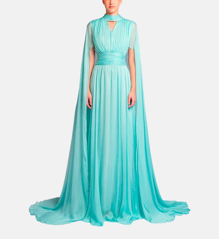 Michael Cinco Silk High Neck Sleeveless Flared Dress, Light-blue, M, Model View