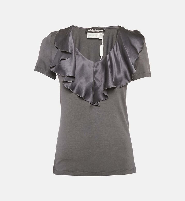 Salvatore Ferragamo Grey Knit Silk Ruffle Neck Top Preowned