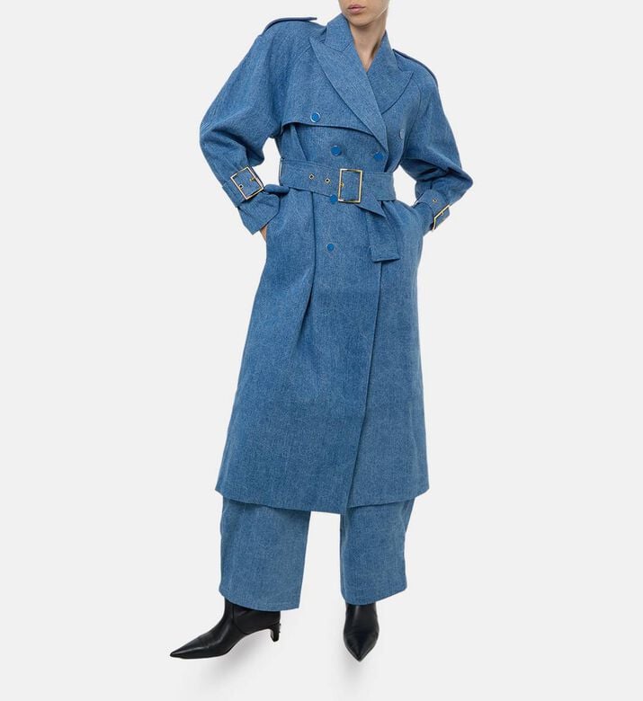 Rowen Rose Buckled Waist Denim Trench Coat, Model View Rowen Rose Buckled Waist Denim Trench Coat, Model View