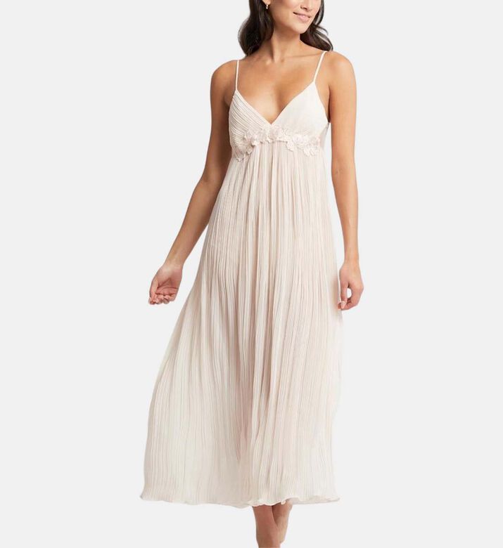 Long Pleated V-neck Dress