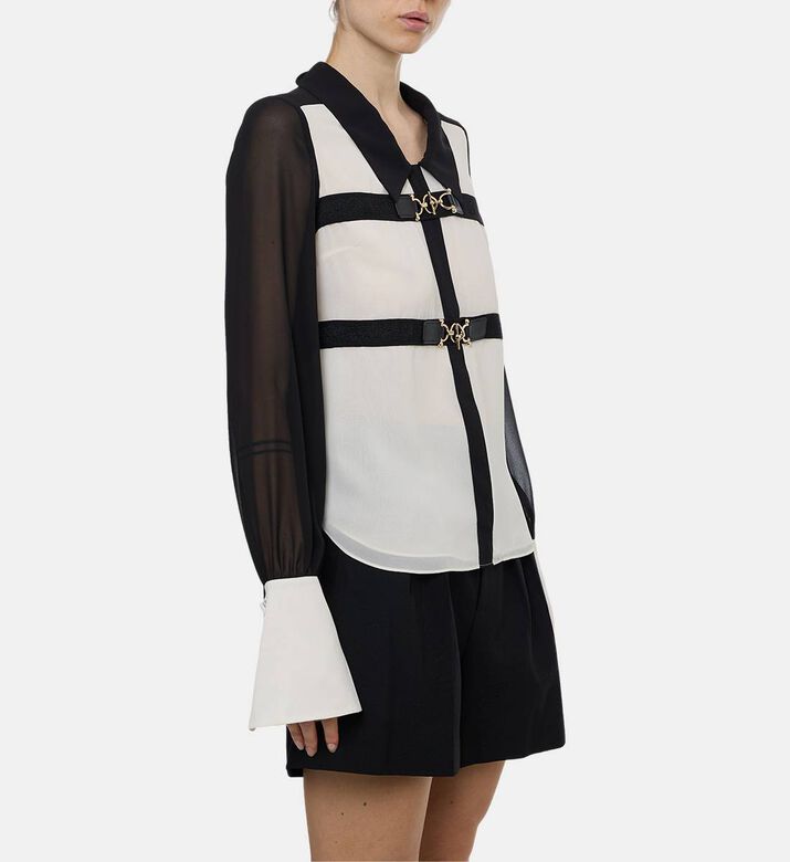 Edward Achour Paris Buckle Strap Paneled Blouse, Model View Edward Achour Paris Buckle Strap Paneled Blouse, Model View