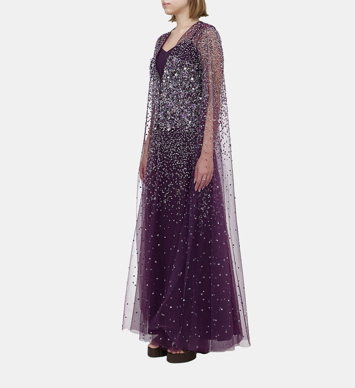 Rhinestone Embellished Cape Sleeveless Dress