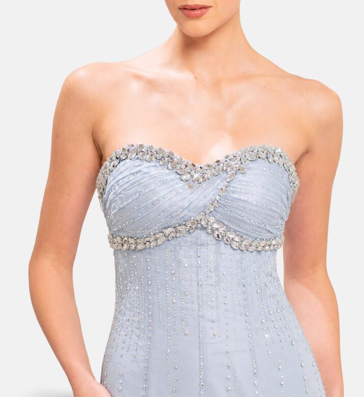 Michael Cinco Chiffon Strapless Embellished Evening Dress, Model View