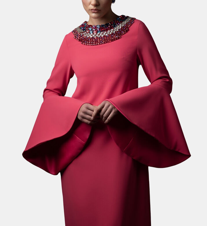 Bell-sleeve Embroidered Neck Kaftan