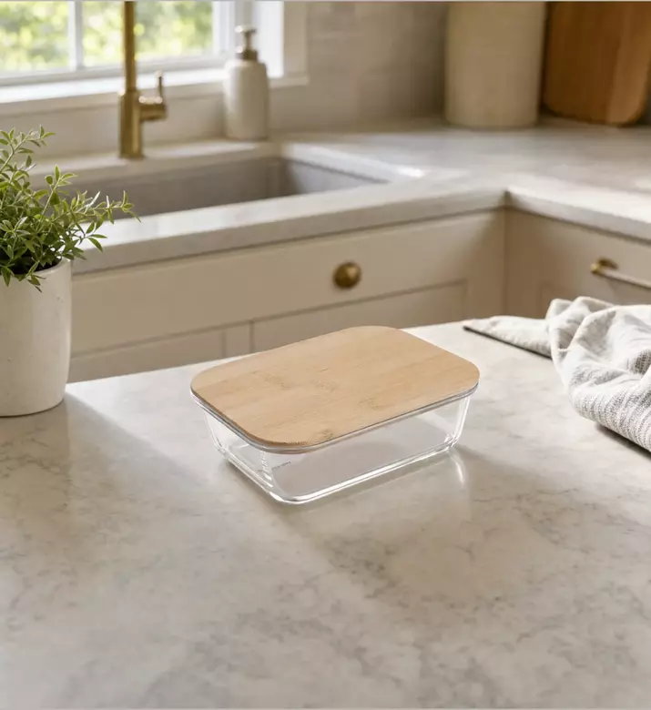 Home Deco and More Glass Rectangle Bamboo Lid Container, Transparent, 17x12.5x5.9-cm, Model View