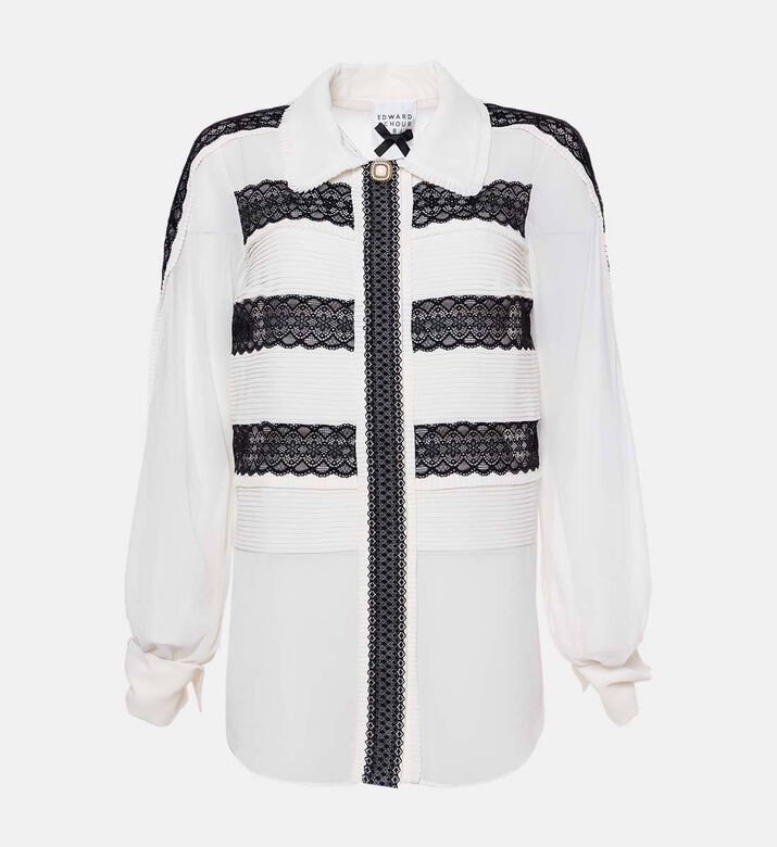 Edward Achour Paris Sheer Woven Lace-detail Blouse, Ivory, 42, Packshot View