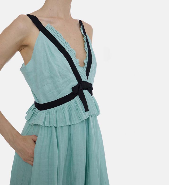 Pleated-detail V-neck Flared Dress