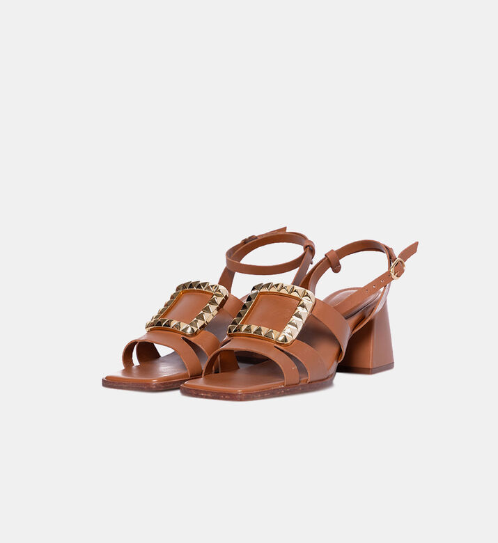 Metal Square Block-heel Leather Sandals