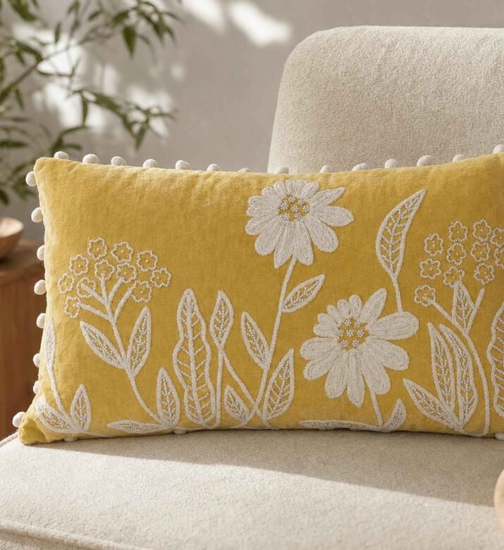 Home Deco and More Camellia Embroidered Filled Cushion, Yellow, Model View