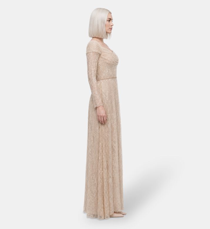 Suzy Matar Lace Draped Evening Gown, Model View