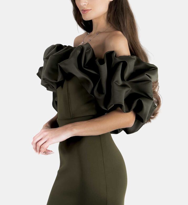 Puffy Off Shoulder Satin With Neoprene Bodycon