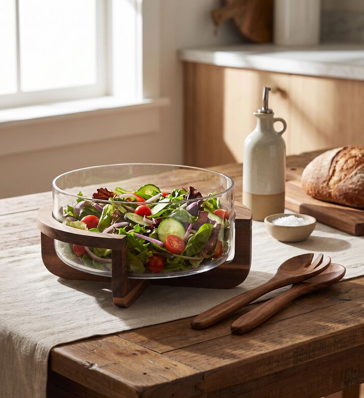 Estia Glass Salad Wooden Base Bowl, Model View