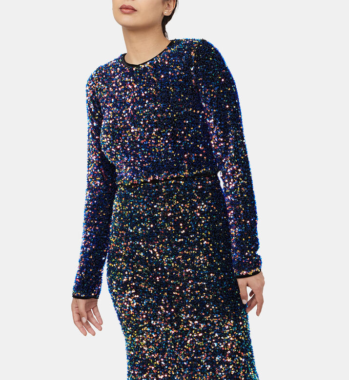 بلوزة قصيرة مخملية مطرزة بأكمام طويلة