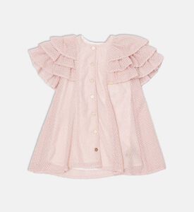 فستان بأكمام كاب مكشكشة متدرجة وأزرار أمامية