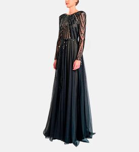 Michael Cinco Beads-embroidery Maxi Flared Dress, Black, Xl, Model View