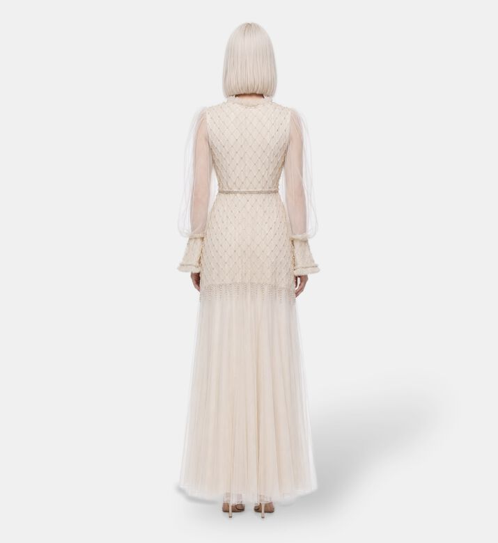Suzy Matar Tulle Embellished Evening Gown, Model View