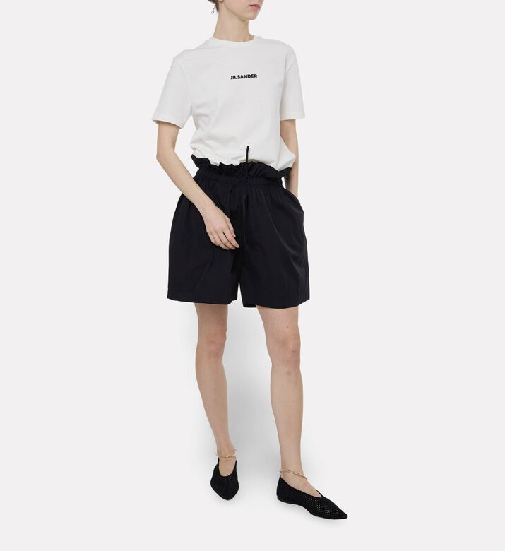 Jil Sander Cotton Ruffled Waist Shorts, Model View