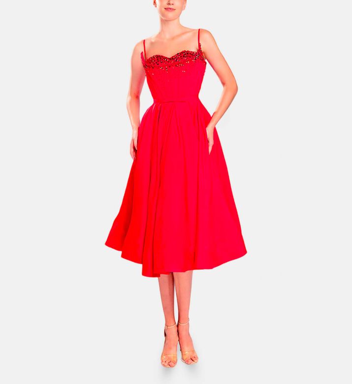 Michael Cinco Hand Beaded-embroidery Corset Midi Dress, Red, Xl, Model View