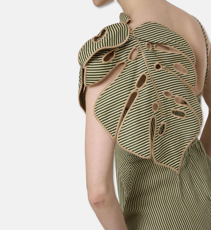 Farm Rio Striped Monstera Leaf Sleeveless Midi Dress, Model View