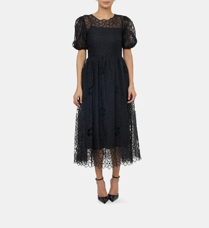 Tulle Silk Puffy Sleeves Midi Dress