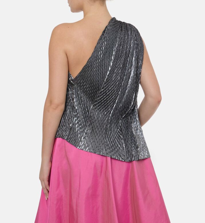 Blue For Burgundy Pleated Ribbon One-shoulder Top, Model View