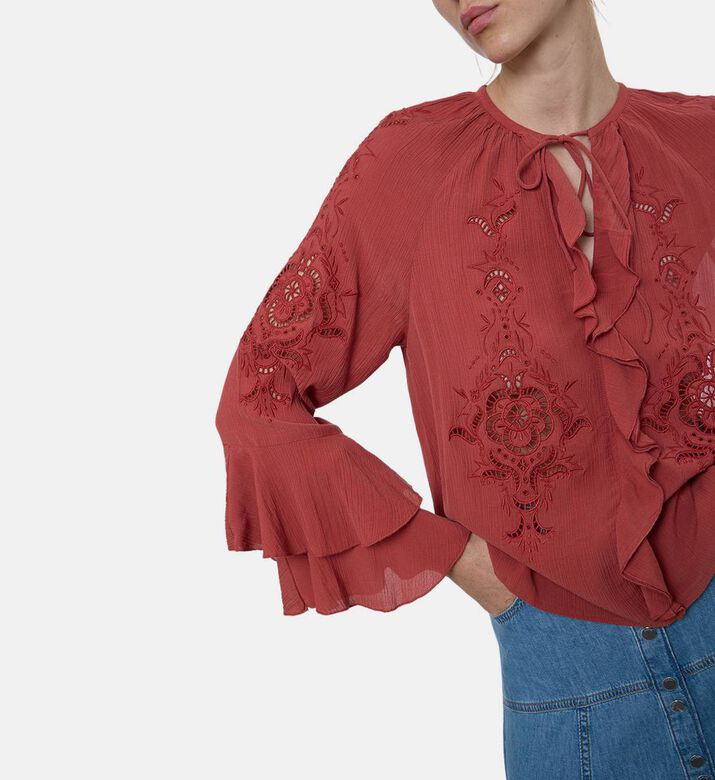 Ba and Sh Floral-embroidery Long-sleeve Blouse, Model View