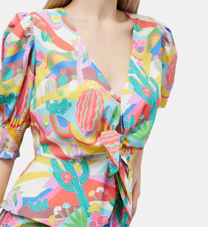 بلوزة بطبعة نخيل ربيعية برباط إغلاق