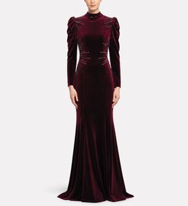 Michael Cinco Velvet Embellished High-neck Evening Dress, Model View