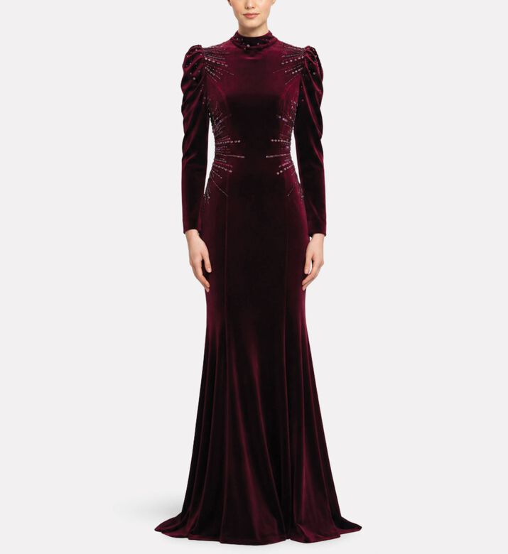 Michael Cinco Velvet Embellished High-neck Evening Dress, Model View
