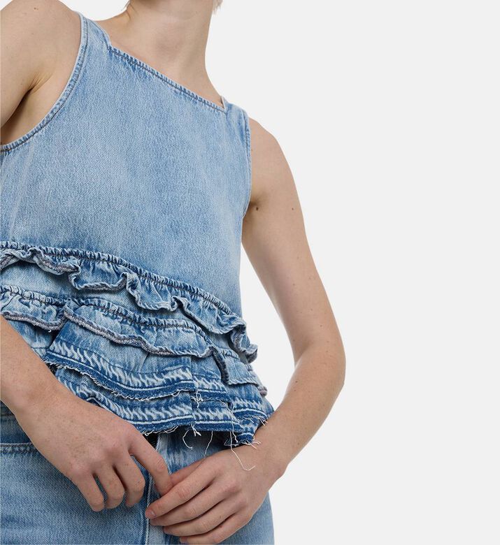 Ganni Ruffle Hem Sleeveless Denim Top, Model View