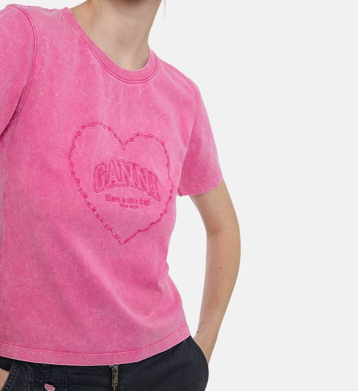 Ganni Cotton Heart-embroidery T-shirt, Model View Ganni Cotton Heart-embroidery T-shirt, Model View