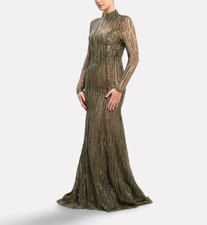 Michael Cinco Beads Embroidered Long-sleeve Gown, Model View