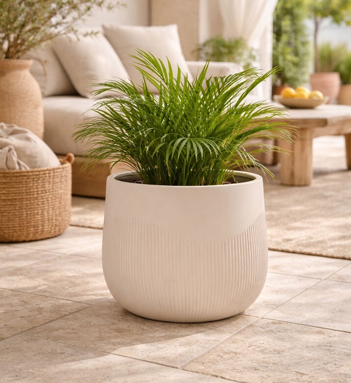 Home Deco and More Fiber Clay Half Ribbed Planter, Beige, 32-cm, Packshot View