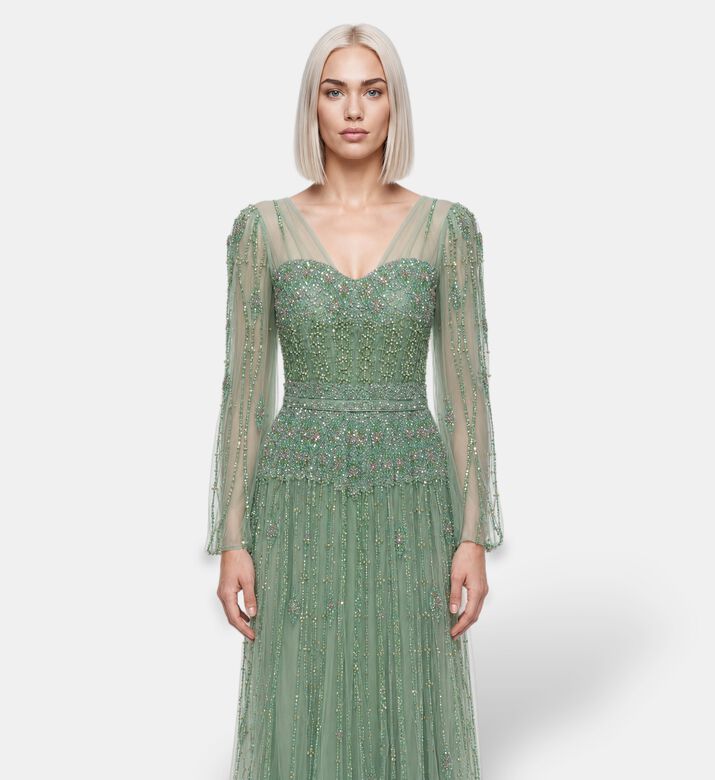 Suzy Matar Embellished Tulle Maxi Gown, Light-green, S, Model View