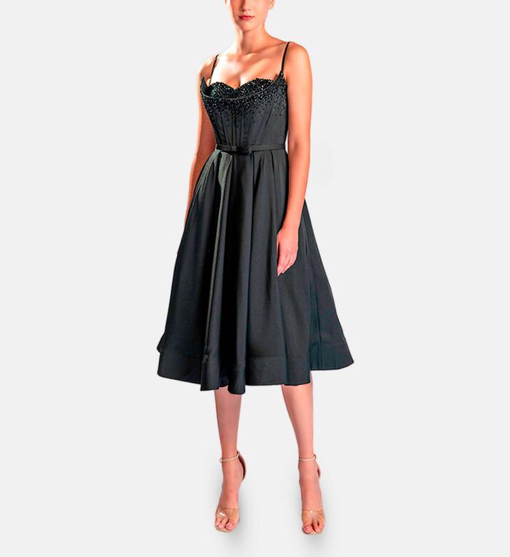 Michael Cinco Hand Beaded-embroidery Corset Midi Dress, Black, Xl, Model View