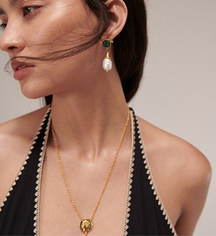 Ottoman Hands Emerald Pearl Drop Stud Earrings, Packshot View