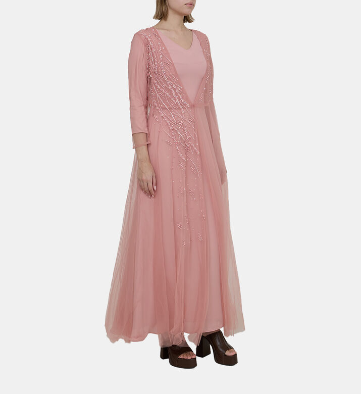 Pearl Rhinestone Embellished Tulle Satin Dress