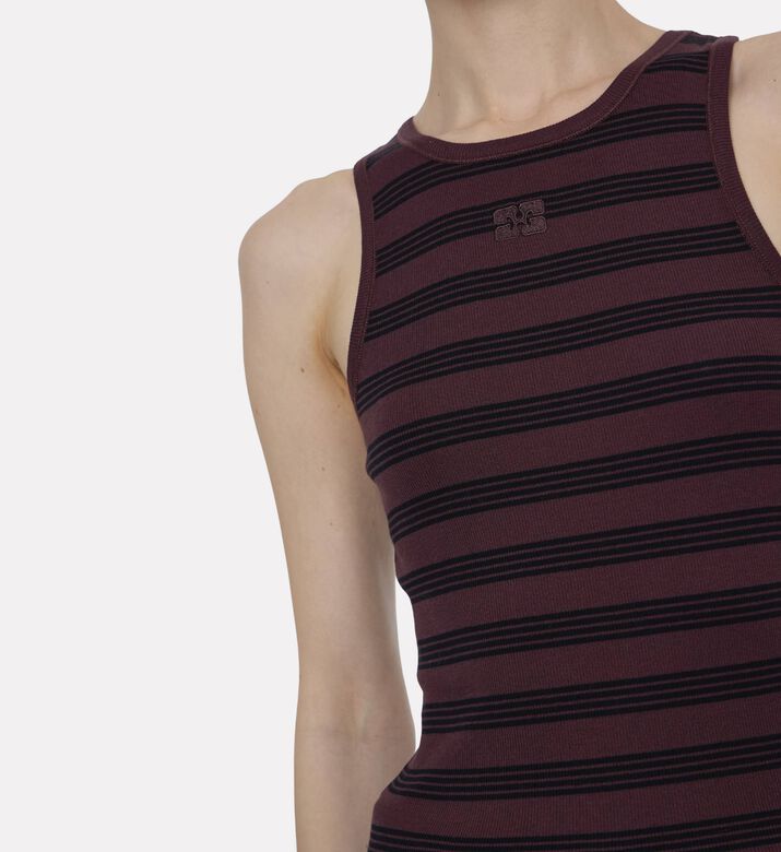 Ganni Tonal Logo Embroidered Micro-stripe Tank Top, Brown, M, Model View