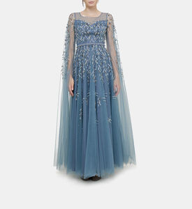 فستان ماكسي بأكمام تول بتصميم أوراق شجر