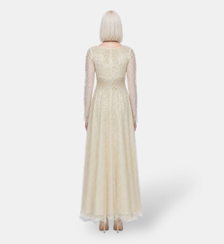 Suzy Matar Pearl-embellished Lace Evening Gown, Model View