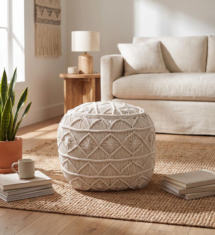 Home Deco and More Moulin Natural Cotton Pouf, Packshot View