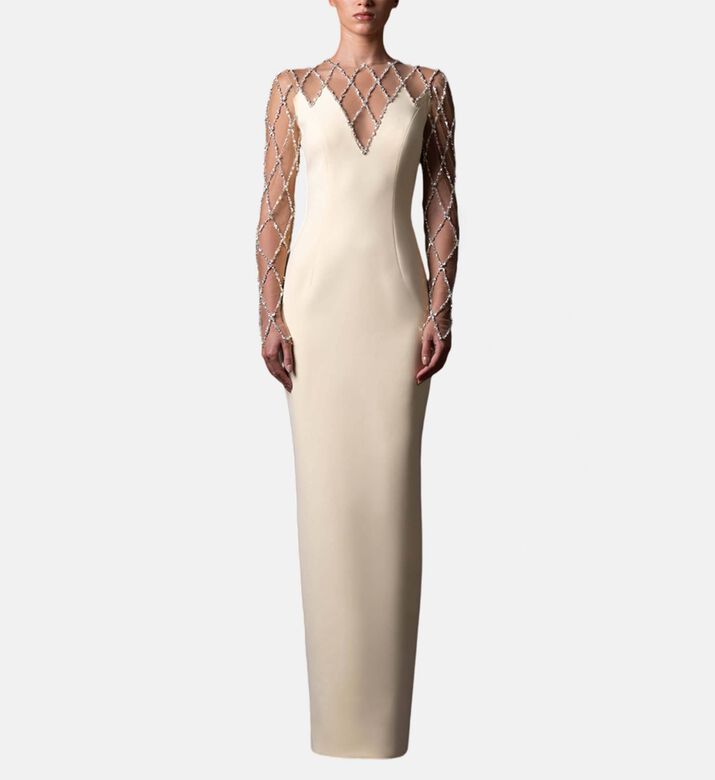 Jean Louis Sabaji Crystal-embellished Long-sleeve Gown, Model View