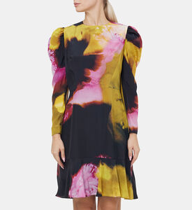 Chine Blur-print Long Puff-sleeve Mini Dress